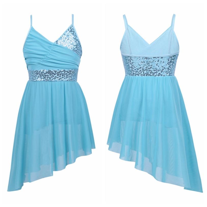 Балетное трико с блестками для девочек, лирическое современное танцевальное платье, нерегулярное платье с высоким и низким вырезом