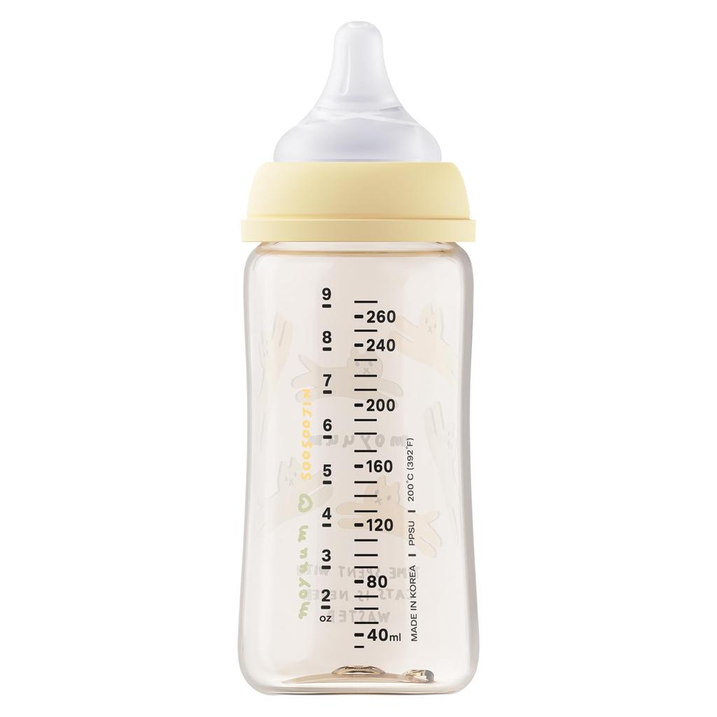 MOYUUM Plastic Baby Bottle, Cat's Yellow, 270ml (PPSU), for Ages 3 Months and Up, Wide Neck, Round Hole, 2025 Model