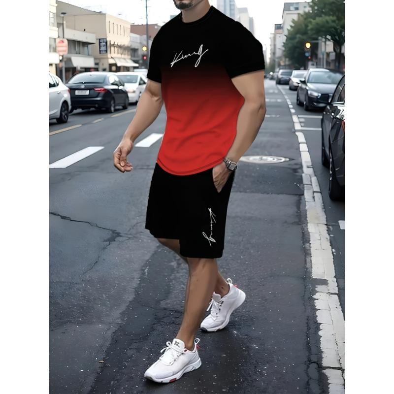Men's Outfit, Gradient Color King Graphic Print Casual Crew Neck Short Sleeve T-Shirt & Shorts 2-piece Set For Summer Outdoor Activities