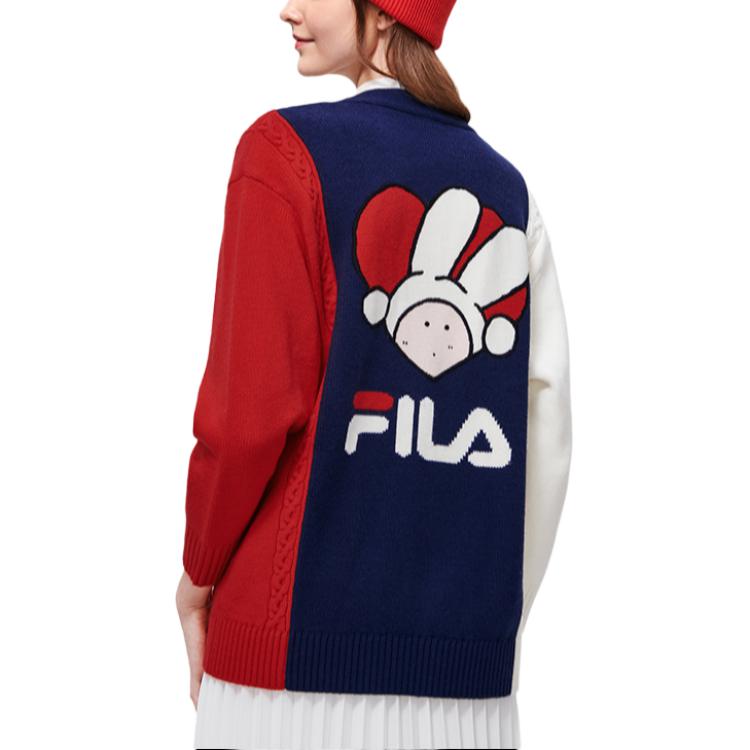 Fila CNY Серия Коллабораций Заяц Принт Узор Вязаный Свитер с V-образным вырезом Женский свитер Дымчато-голубой F11W319407F-DB