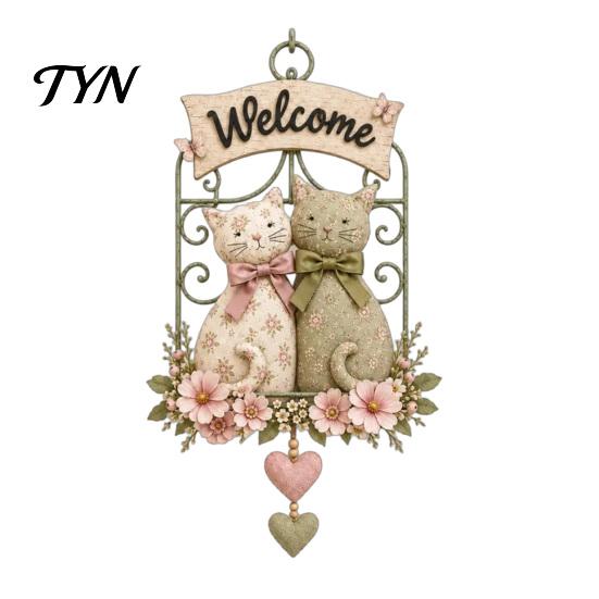 Wood And Metal Wall Decor Floral Cat Couple Welcome Sign, Wooden Hanging Ornament, Pastoral Garden Balcony Ornaments Art Plaque for Living Room