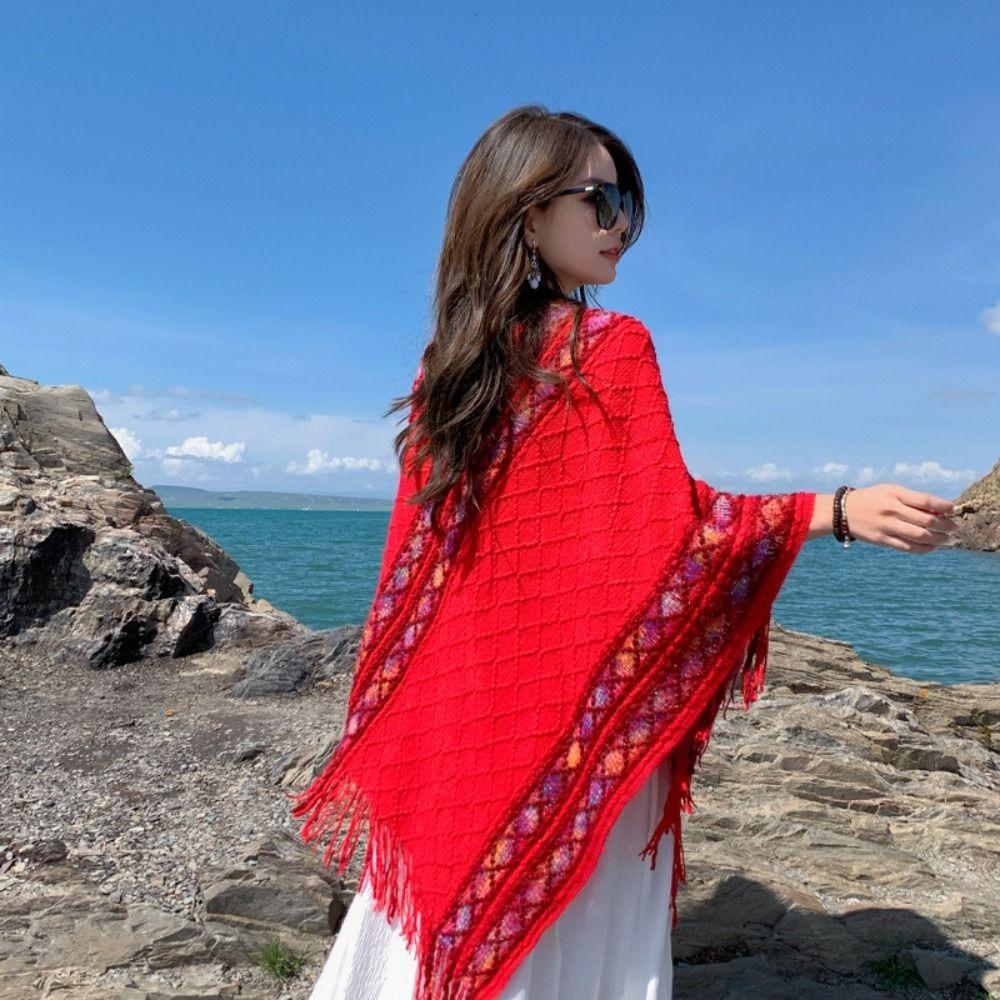 Printing Knitted Cape Stripe Tassel Scarves Retro Imitation Cashmere Shawl Travel Vacation