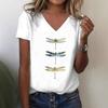 Summer V-neck 3D Dragonfly Pattern Printed Top Fashionable Casual Short Sleeved Women's T-shirts