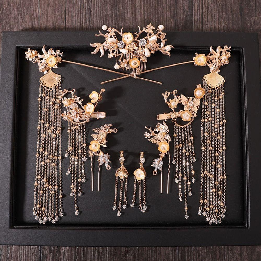 Hair Combs Butterfly Tassel Bridal Wedding Jewelry Set Chinese Style Crown Hair Stick Earrings