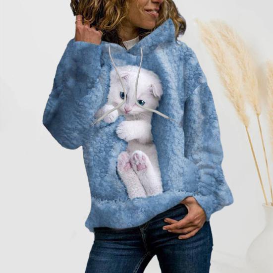 Yousheng Fall Winter Women Hoodie 3D Animal Print Loose Hooded Thick Plush Soft Warm Long Sleeve Pullover Mid Length Elastic Cuff Casual Top