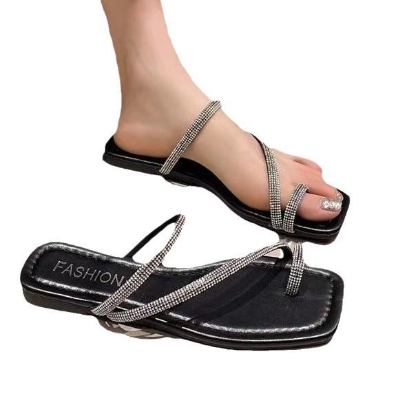 2025 лето новые большие размеры со стразами носок квадратный низ крутые тапочки женские модные крутые тапочки женские