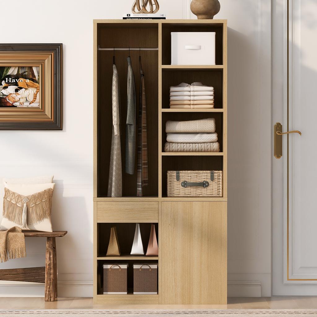 Wardrobe 70 × 50 × 170 cm, with multiple drawers, multi-tier shelves, generous storage space, large clothes rail, wardrobe for one person, wood color