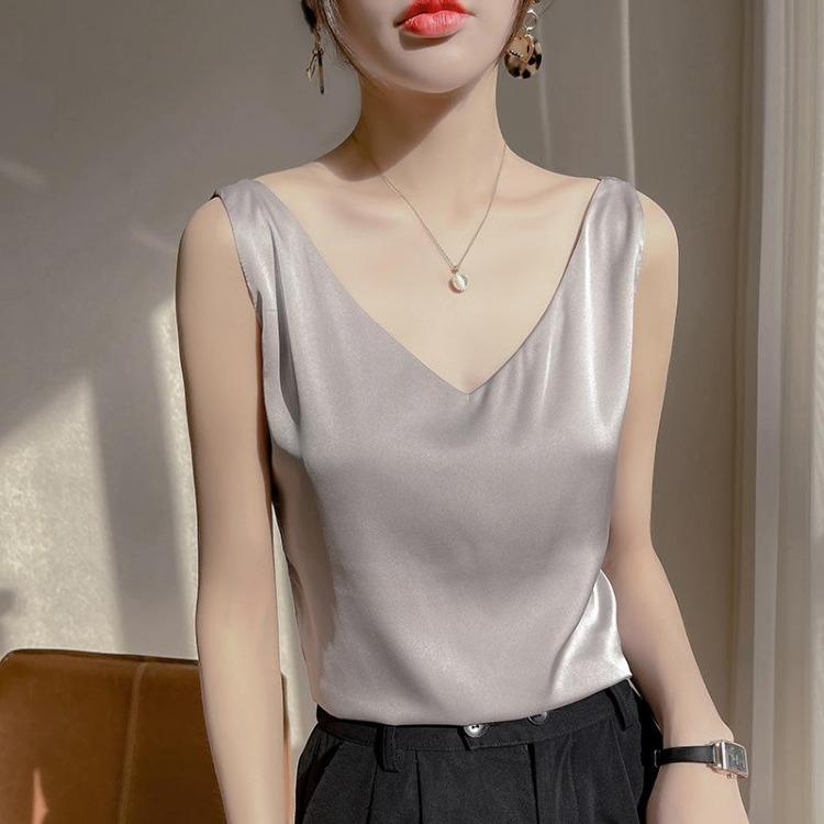 Acetic Acid Satin V Neck Suspender Vest Women Summer Fashionable Versatile Imitation Silk Sleeveless Inner Top New