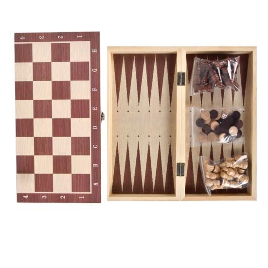 1 Set 3-In-1 Chess Board Game Wooden Chess Checker Backgammon Game Foldable Portable