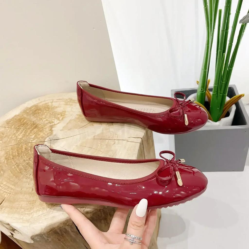 Fashion Ladies Single Shoes Bowtie Flats Patent Leather Loafers Women Round Toe Roll-Up Shoes Woman Bridesmaid Flats Zapatillas Mujer