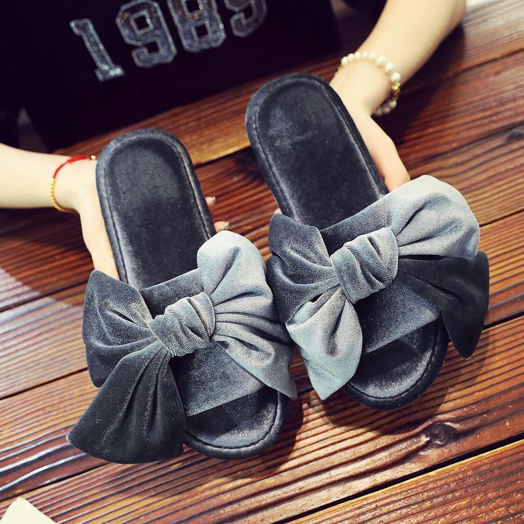 Корейские замшевые тапочки с бантом из золотистого бархата, нескользящие для дома и улицы, для женщин, Four Seasons  