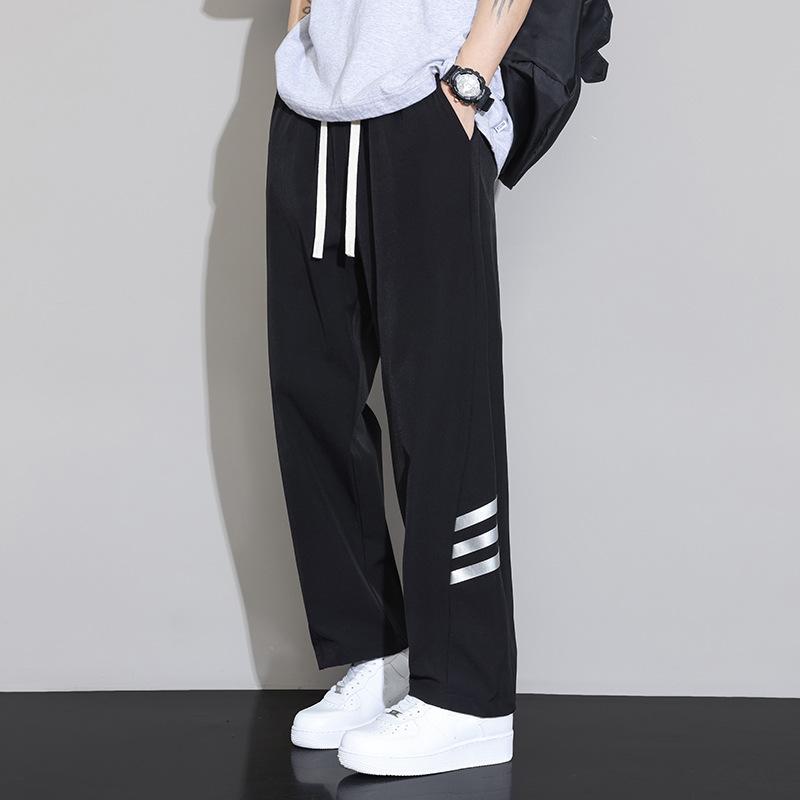 Мужские летние тонкие полосатые брюки из ледяного шелка, американские спортивные брюки прямого кроя, свободные брюки широкого кроя с драпировкой, повседневные брюки
