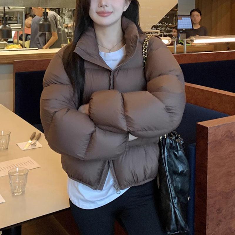 Простое однотонное хлопковое стеганое пальто, женские пышные теплые зимние парки, женская куртка с воротником-стойкой, повседневная короткая хлопковая пуховая куртка женская