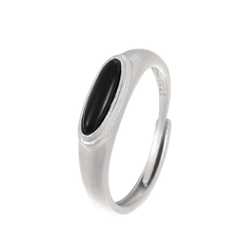 Frosted S925 Silver Ring with Black Agate & White Mother-of-Pearl - European, American, Japanese & Korean Style