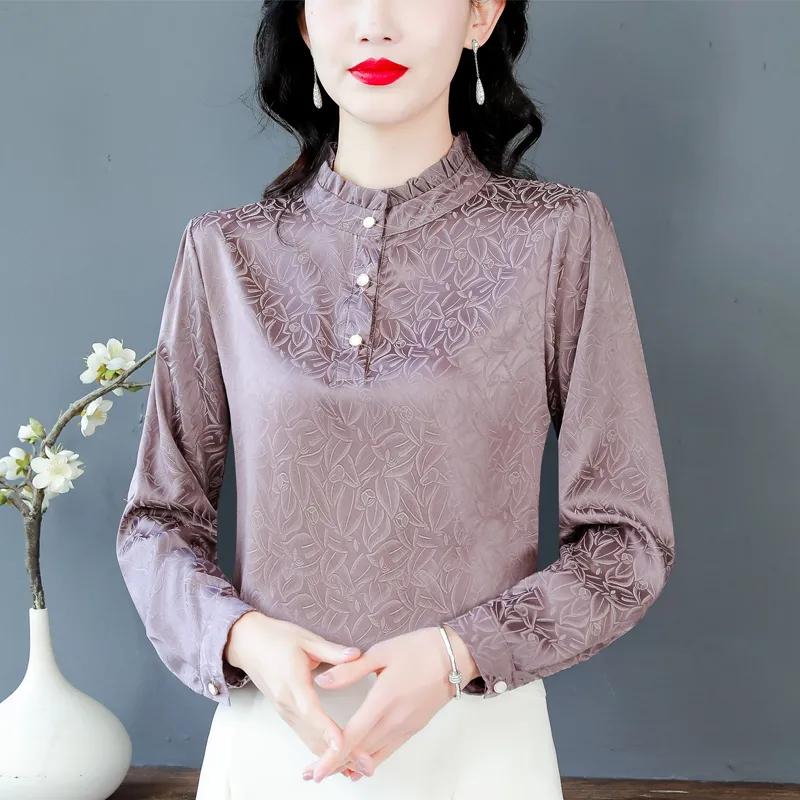 Шифоновая блузка женская с длинным рукавом, черная, с воротником-стойкой и цветочным принтом