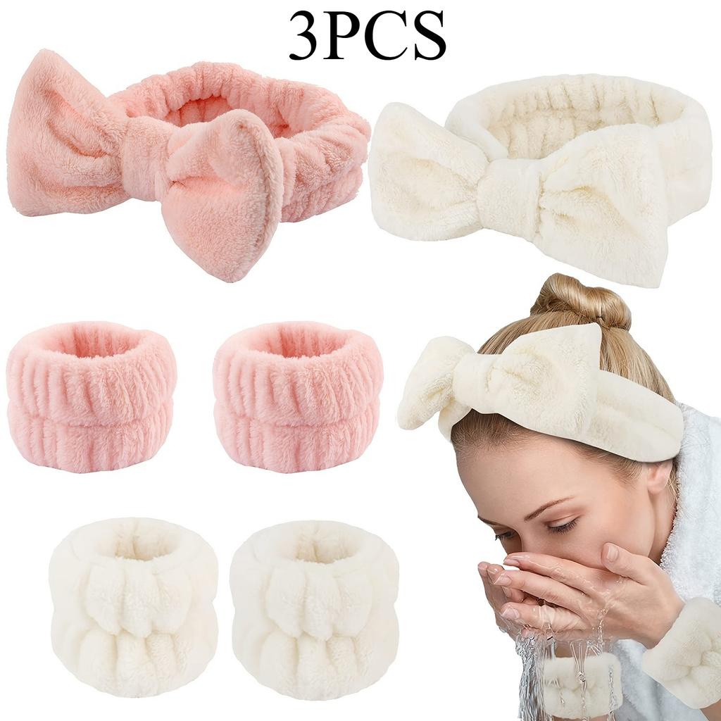 3pcs Adorable Bow Hair Band and Wristband Set, Soft Spa Headband for Washing Face, Makeup, Skincare, and Hair Styling