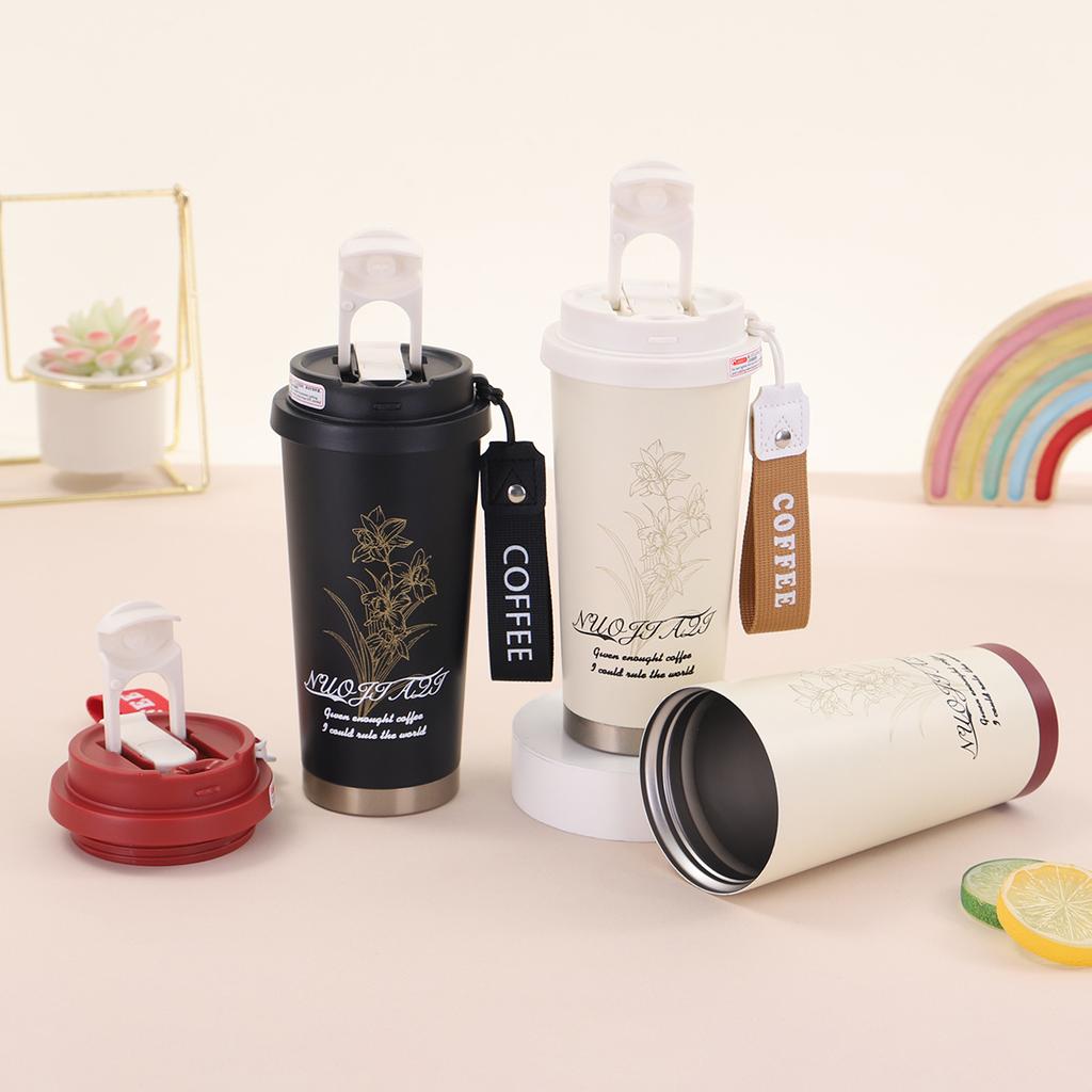 New Stainless Steel Thermos Cup High Appearance Level Bell Flower Portable Double Drink Coffee Cup Large Capacity Straw Cup