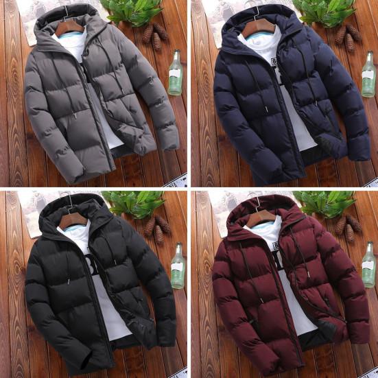 Men Down Jacket Hooded Drawstring Long Sleeve Zipper Closure Jacket Solid Color Two Side Pockets Windproof