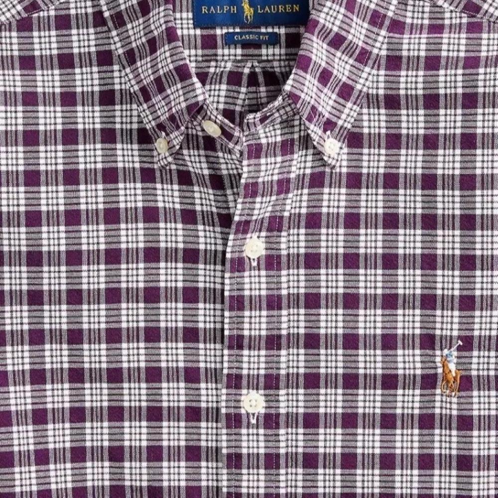 Polo Ralph Lauren Ss24 Клетчатая рубашка Оксфорд с вышивкой логотипа Pony и длинным рукавом Мужские рубашки Фиолетовый 710816534-002