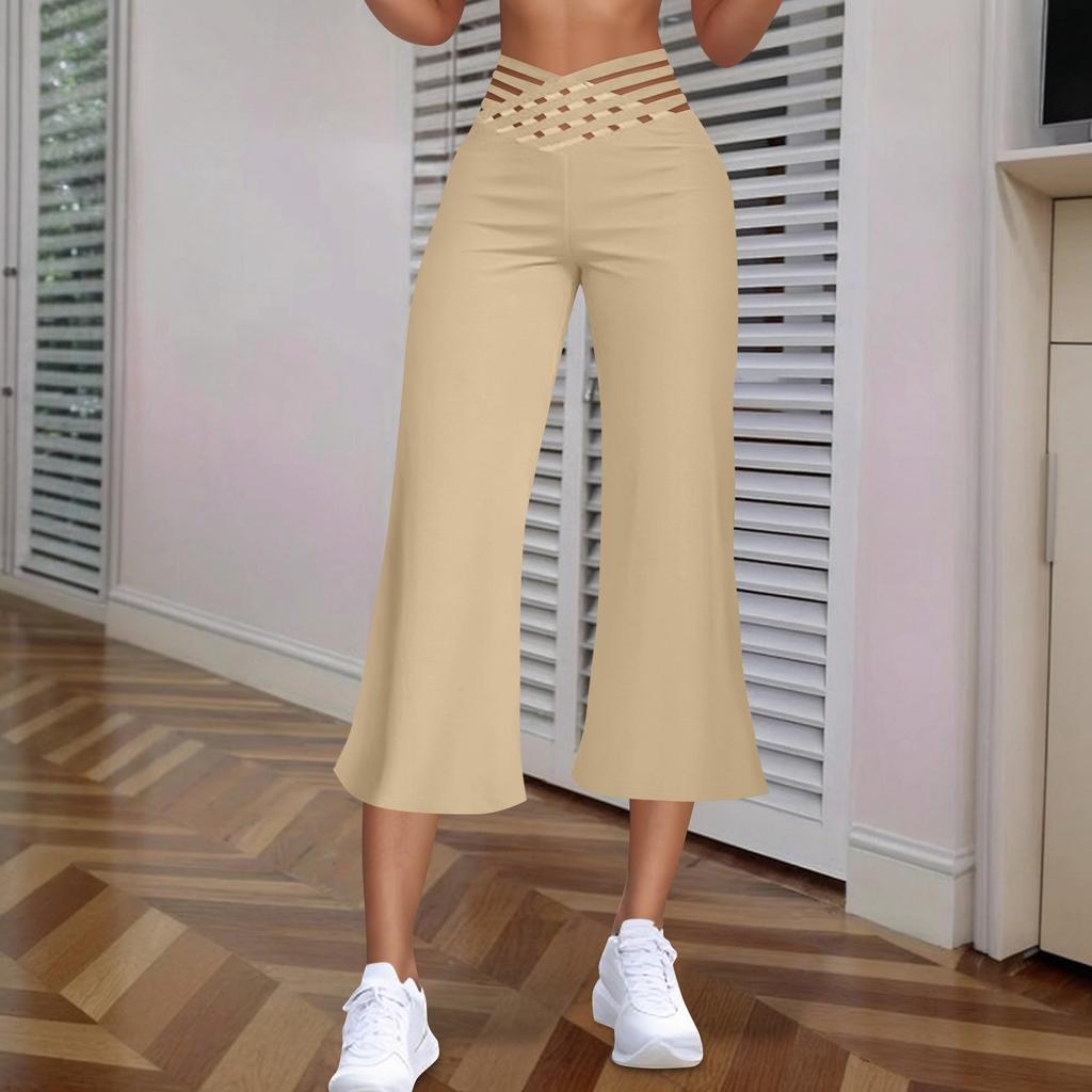 Women's Hollow Belt Trousers Temperament Flared High Waist 3/4 Pant Casual Fit Wide Capris Leg Pants