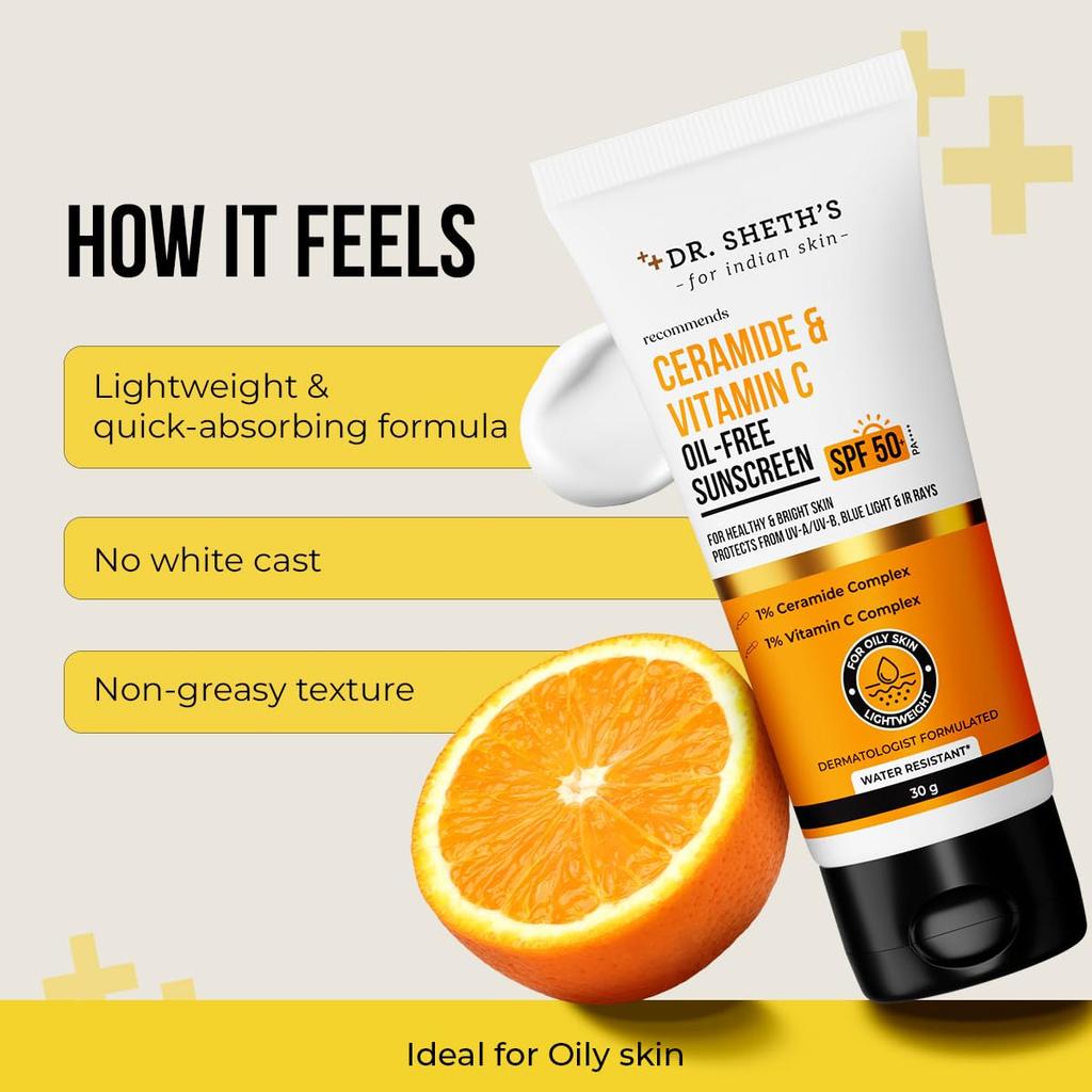 Dr. Sheth's Ceramide & Vitamin C Oil-Free Sunscreen SPF 50+ PA++++ For Healthy Bright Skin 30 g