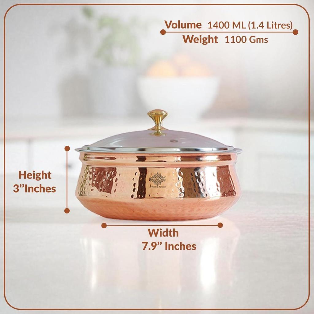 Steel Copper Serving Handi with Glass Lid 1400 ML - Serving Dishes Chicken Briyani Vegetables Home Hotel Restaurant Tableware Dishware