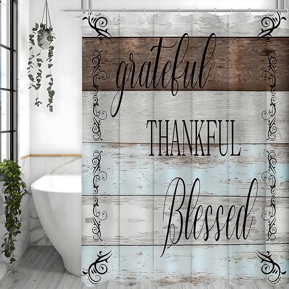 Rustic “Gratitude”, “Thank You”, “Blessings” Text Stylish Blue and White Design Shower Curtain, Bathroom Decorative Shower Curta