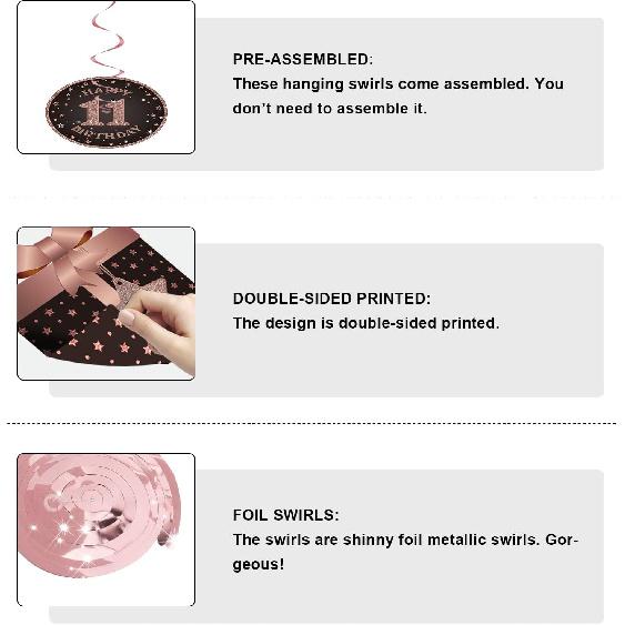 BRT Bearingshui Счастливым 11-м Днем Рождения Висячие Спирали Ленты Потолочные Украшения, Празднование 11 Фольгированные Висячие Спирали с Вырезами для 11-летнего Возраста Розовые