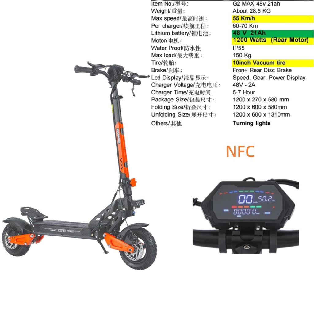 G2 MAX 1200W 48V 21ah 55 KM/H electric scooter, foldable, with seat, for city and off-road use E Scooter