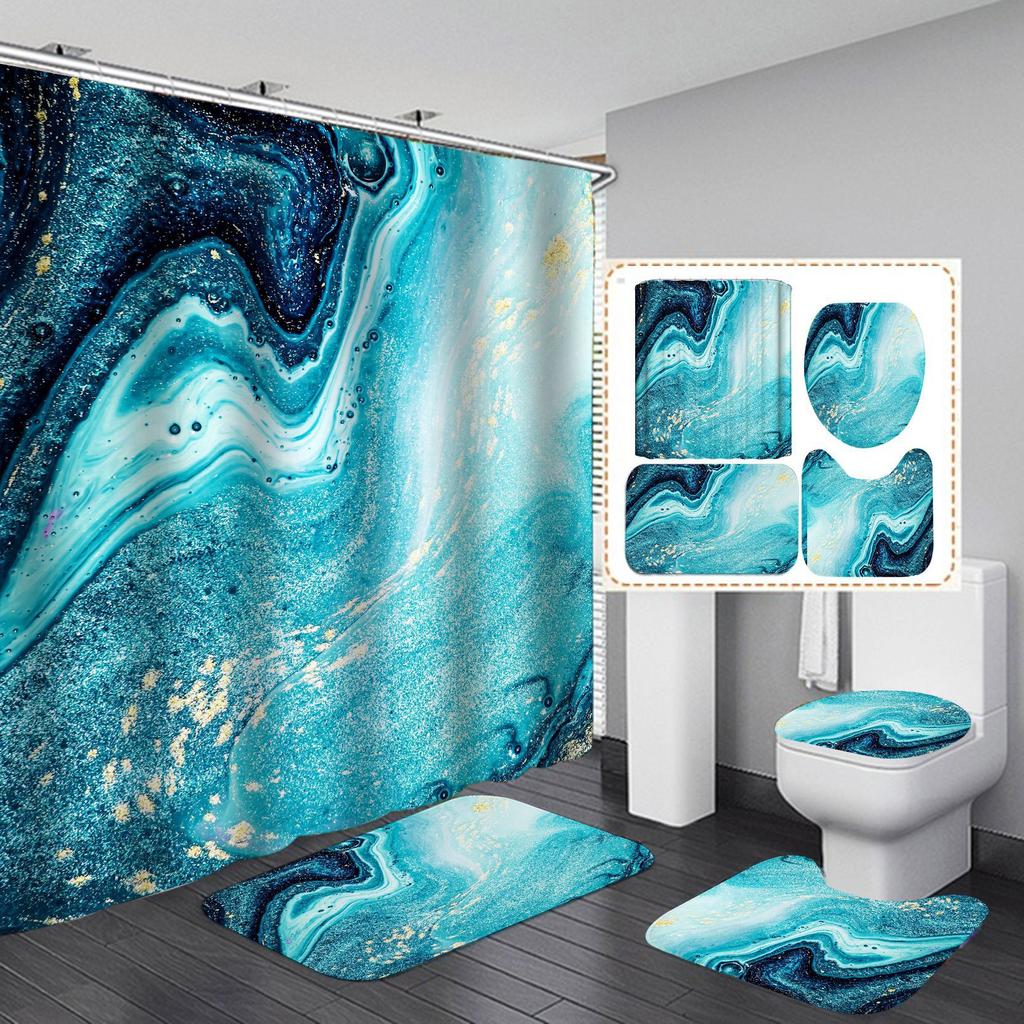 4Pcs Luxury Marble Shower Curtain Sets Bathroom Decor Sets with 12 Hooks Bath Mat Toilet Lid Rug and Non-Slip U Shape Mat