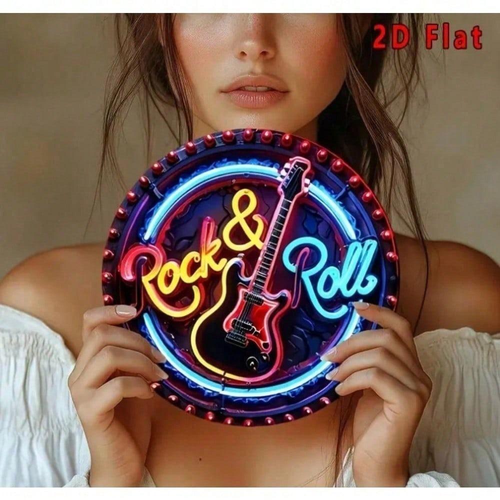 MUXER Неоновая вывеска Retro Rock and Roll 8 дюймов Металлическое настенное искусство Винтажная круглая табличка Декор для бара, гаража, мужской берлоги, спальни