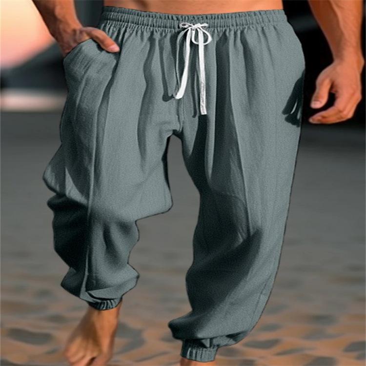 Мужские брюки льняные свободные брюки на шнурке однотонные удобные дышащие повседневные брюки на шнурке