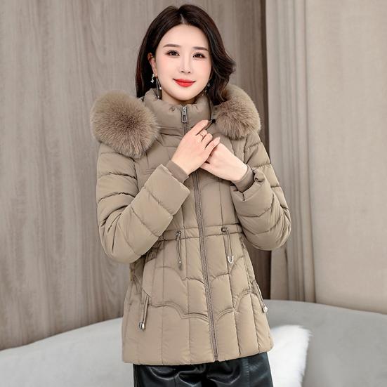 Winter Women Jacket Padded Windproof Cold-proof Zipper Closure Outerwear with Detachable Hood Stand Collar Neck Protection Drawstring Waist Jacket