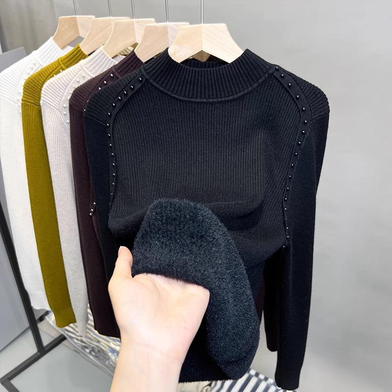 Флисовый свитер с полувысоким воротником женский цельный флисовый базовый свитер осень и зима новый вязаный свитер с бисером с толстым верхом внутри