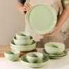 Creative Matcha Green Embossed Ceramic Dishware Set: Includes Plates, Rice Bowls, and Large Soup Bowl