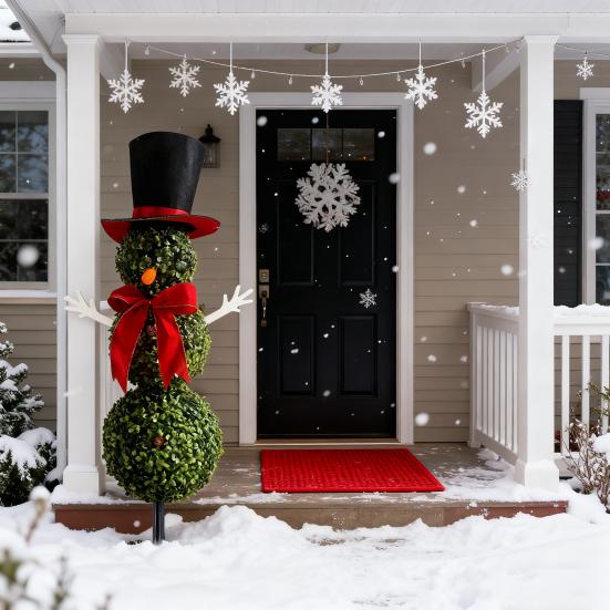 Yousheng Christmas Snowman Topiary Artificial Snowman Shaped Topiary Tree with Bow And Hat Outdoor Boxwood Topiary with Stake for Home Porch Decor
