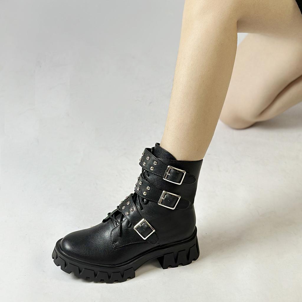 FOREADA Women Ankle Boots Round Toe Thick High Heels Buckle Zipper Rivets Lace-up Short Boots Ladies Fashion Shoes Winter Black 43