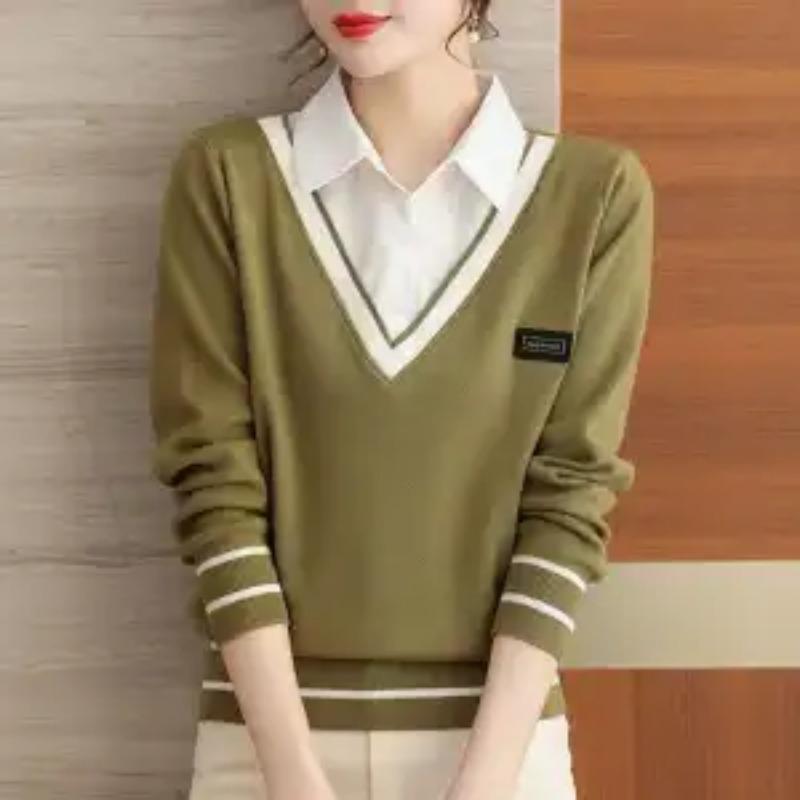 Женский вязаный топ с длинным рукавом и лацканами в новом осеннем стиле, базовый, с имитацией двойки, с воротником-стойкой и вставками-свитером