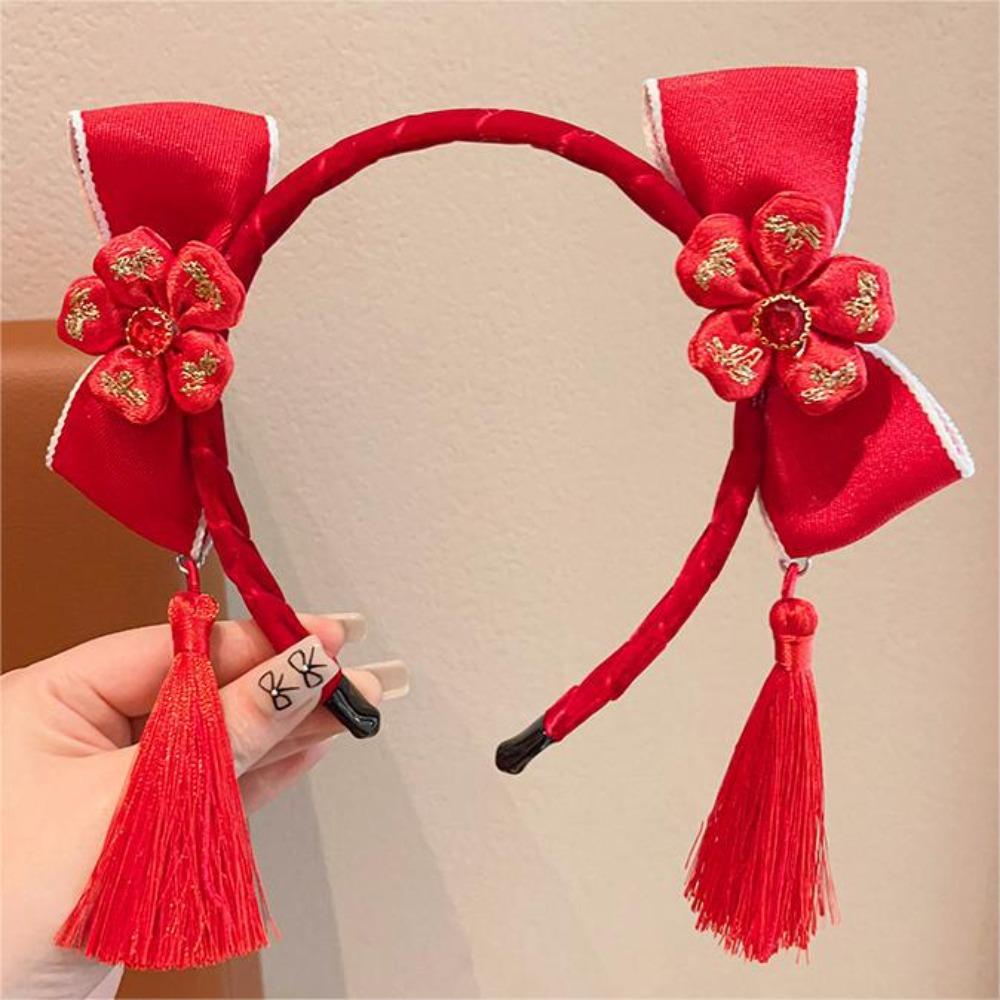 Tassel Chinese New Year Headwear Plush Ball Red Hairband Sweet Hanfu Hair Bun Hair Hoop Children