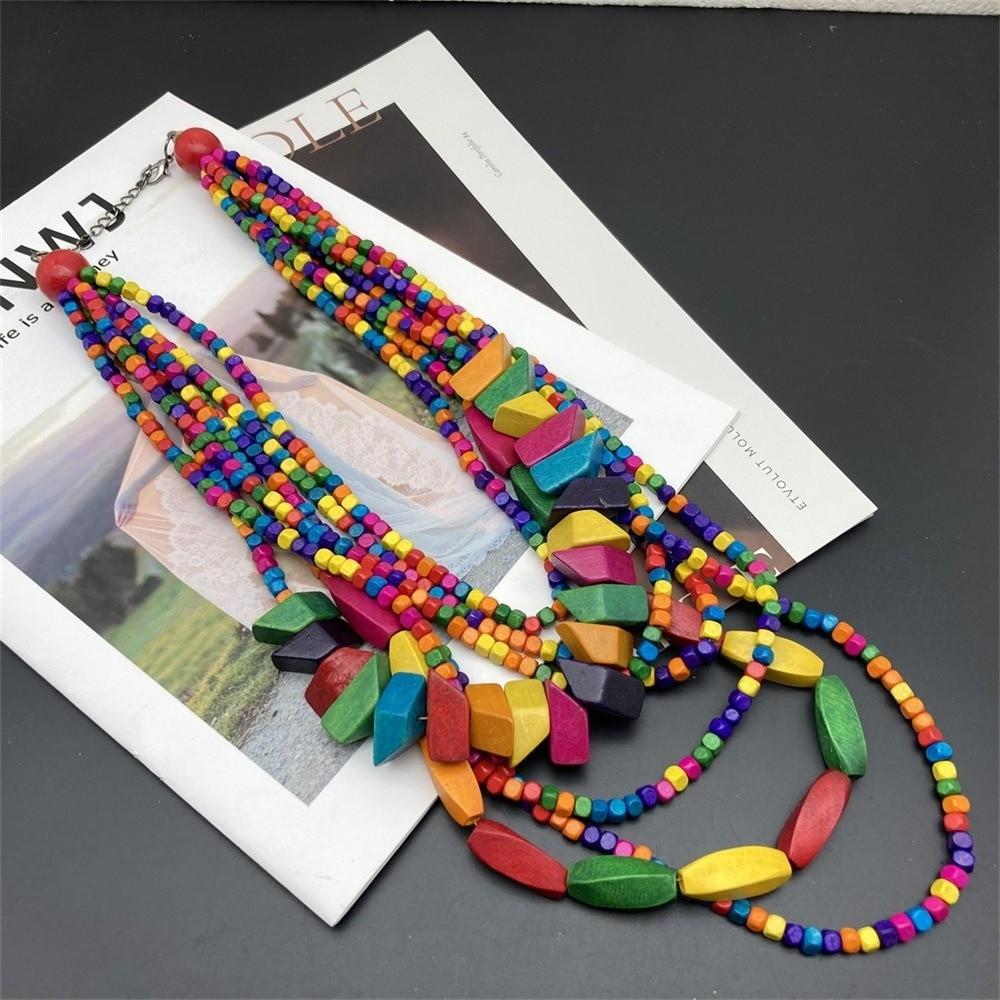 Handmade Wooden Beaded Necklace Multi-Layer Choker Necklace Statement Necklace for Party Vacation