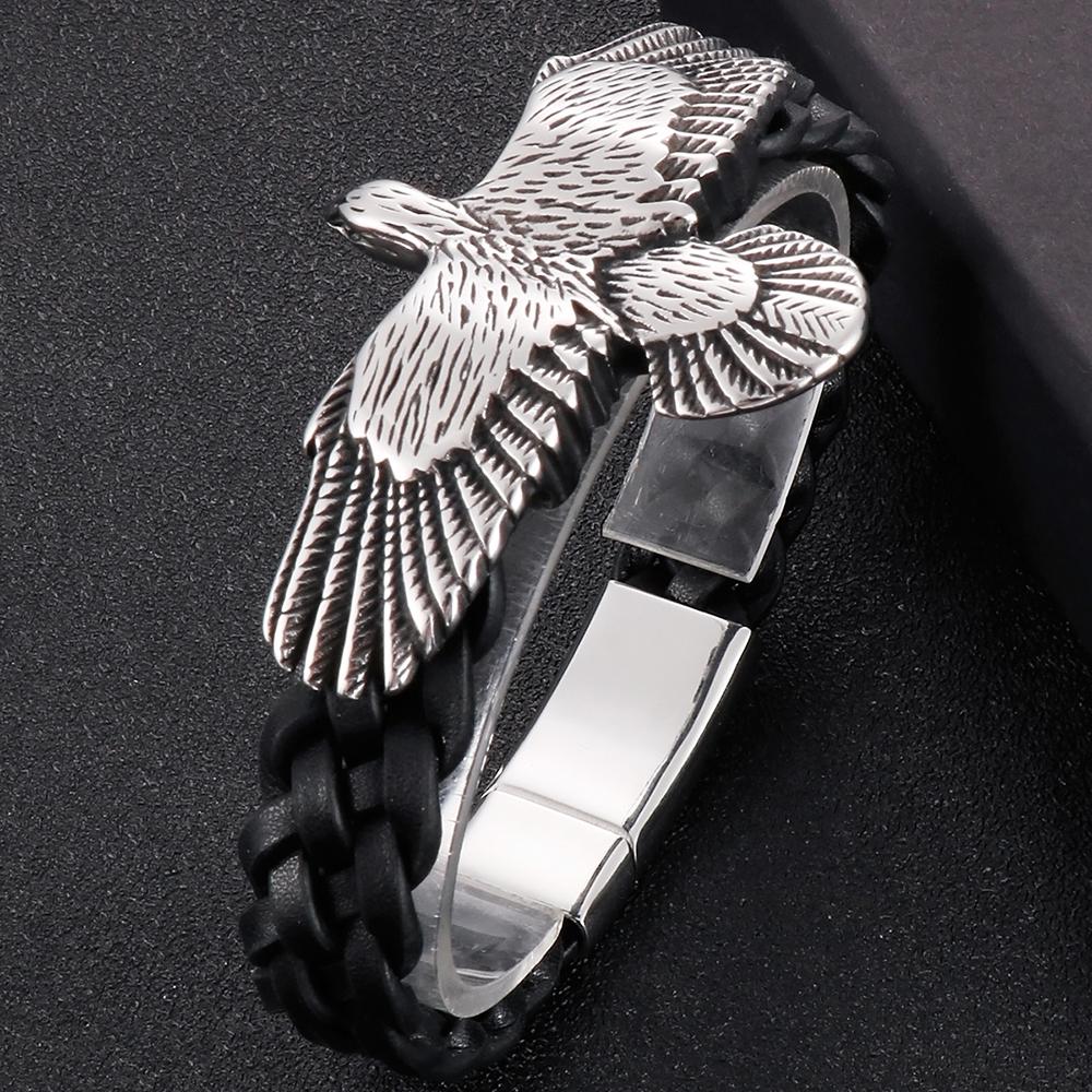 Мужской кожаный браслет в форме орла в стиле панк, однотонный мужской ювелирный аксессуар из нержавеющей стали с магнитной застежкой с гравировкой