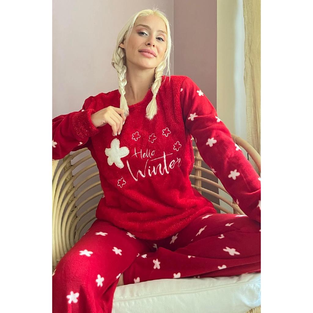 Фиолетовый женский плюшевый пижамный комплект с рисунком Hello Winter