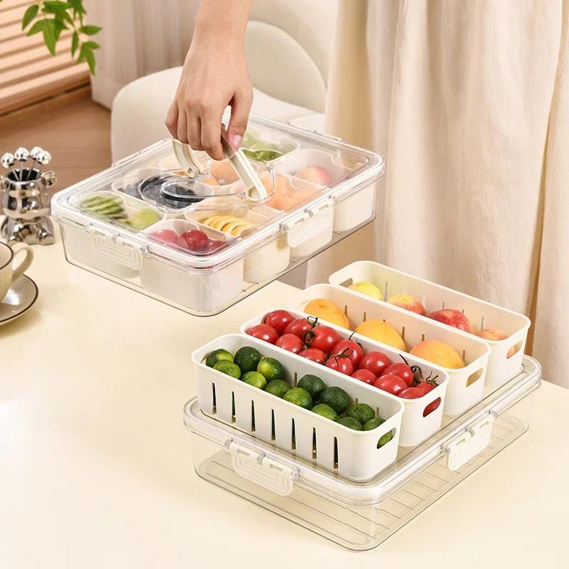 Portable Snackle Box Fruit Storage Containers for Fridge Divided Serving Tray with Lid & Handle for Travel Picnic Candy Party