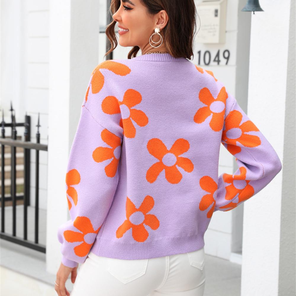 GMXIA Женская мода, повседневный цветочный принт, осень-зима, свободные свитера с длинным рукавом и круглым вырезом