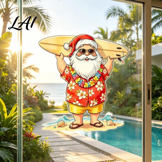Tropical Holiday Party Decor Santa Claus Surf Window Static Sticker Christmas PVC Decal Cling Easy Apply Waterproof Sticker for Glass Doors