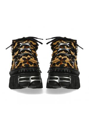 НОВЫЕ МУЖСКИЕ Панк Женские На шнуровке Ботильоны Mujer Леопардовый принт Металлическая отделка Круглый носок Толстая подошва Ботинки Женская обувь на платформе