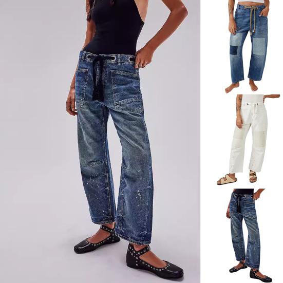Women's Wide Leg Barrel Jeans Low Rise Drawstring Denim Ankle Pants Elastic