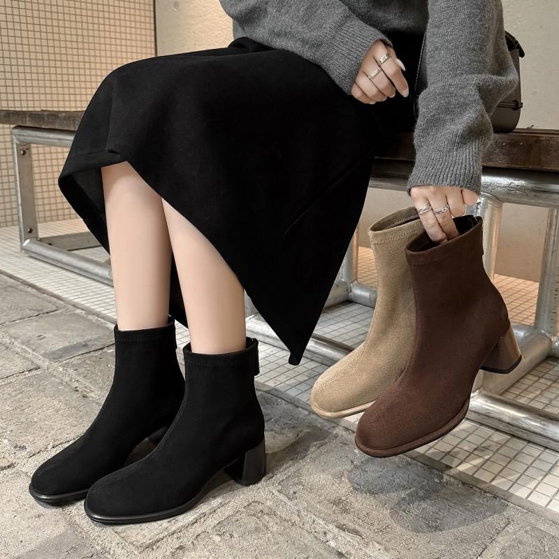 5.5cm European Style Slim Ankle Boots Women Round Toe Block Heel Back Zip Fall Winter