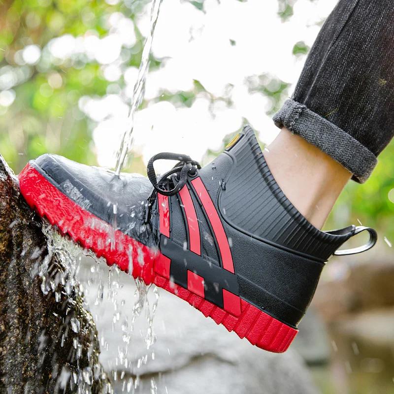 Водонепроницаемые резиновые сапоги для мужчин, повседневные туфли на плоской подошве, резиновые туфли до щиколотки, рабочие защитные галоши, резиновые сапоги для рыбалки, кухонная обувь