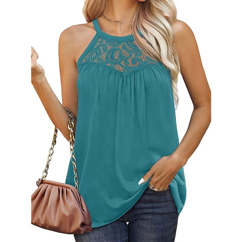Летняя модная кружевная блузка без рукавов для женщин, сексуальный повседневный свободный жилет, рубашка с лямкой на шее, однотонный топ с принтом 25193
